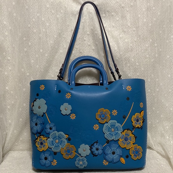 *SOLD*Coach Rogue Leather Tote With Linked Tea Rose In In River/black Copper - Picture 6 of 17